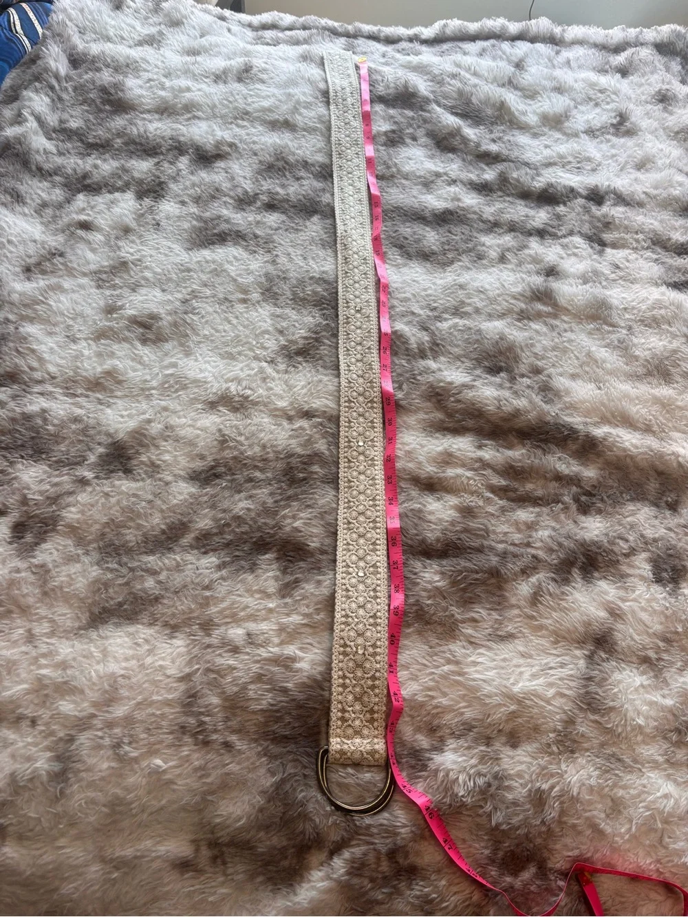 Cream Crochet Fabric Belt with Double Ring Buckle